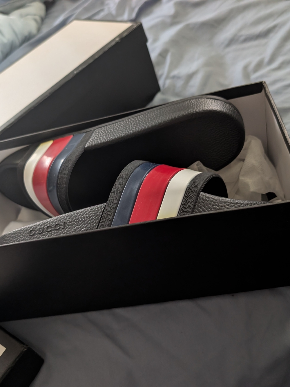 Gucci Men’s Black Slide Sandals with Red White And Blue Stripe